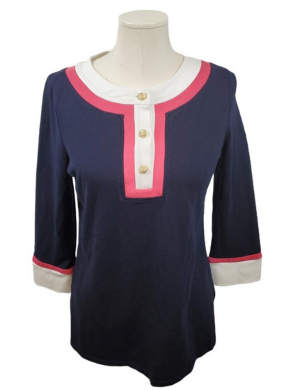 TALBOTS Nautical Navy Blue White and Pink 3/4 Sleeve Shirt Women's Sz Petite L